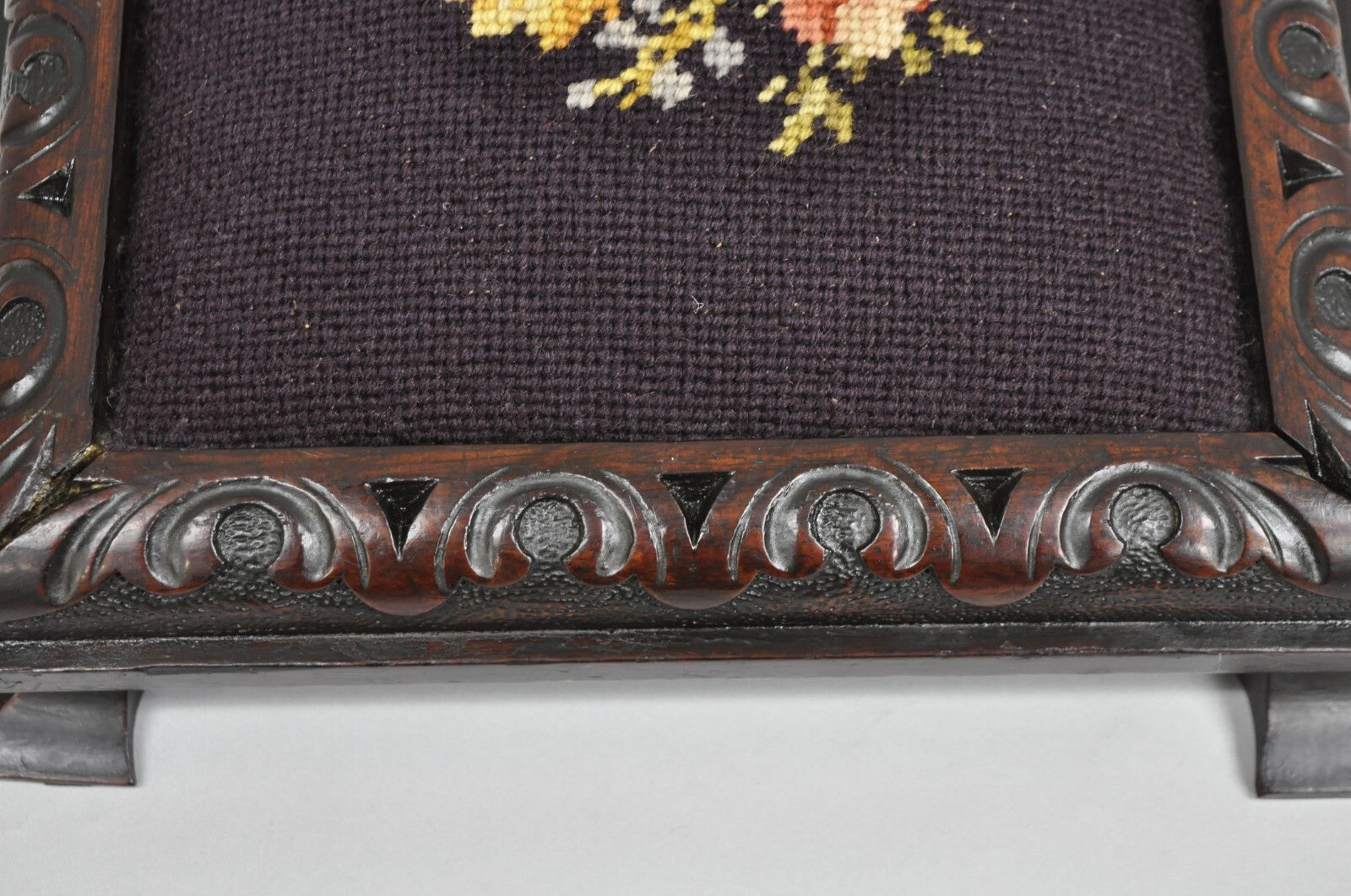 Antique Victorian Carved Solid Mahogany Floral Needlepoint Low Footstool Ottoman