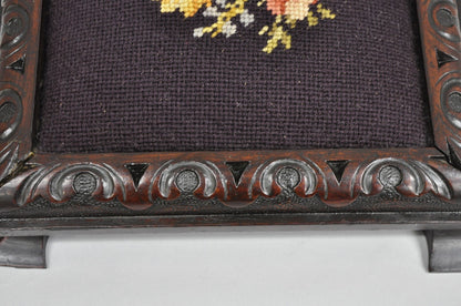 Antique Victorian Carved Solid Mahogany Floral Needlepoint Low Footstool Ottoman
