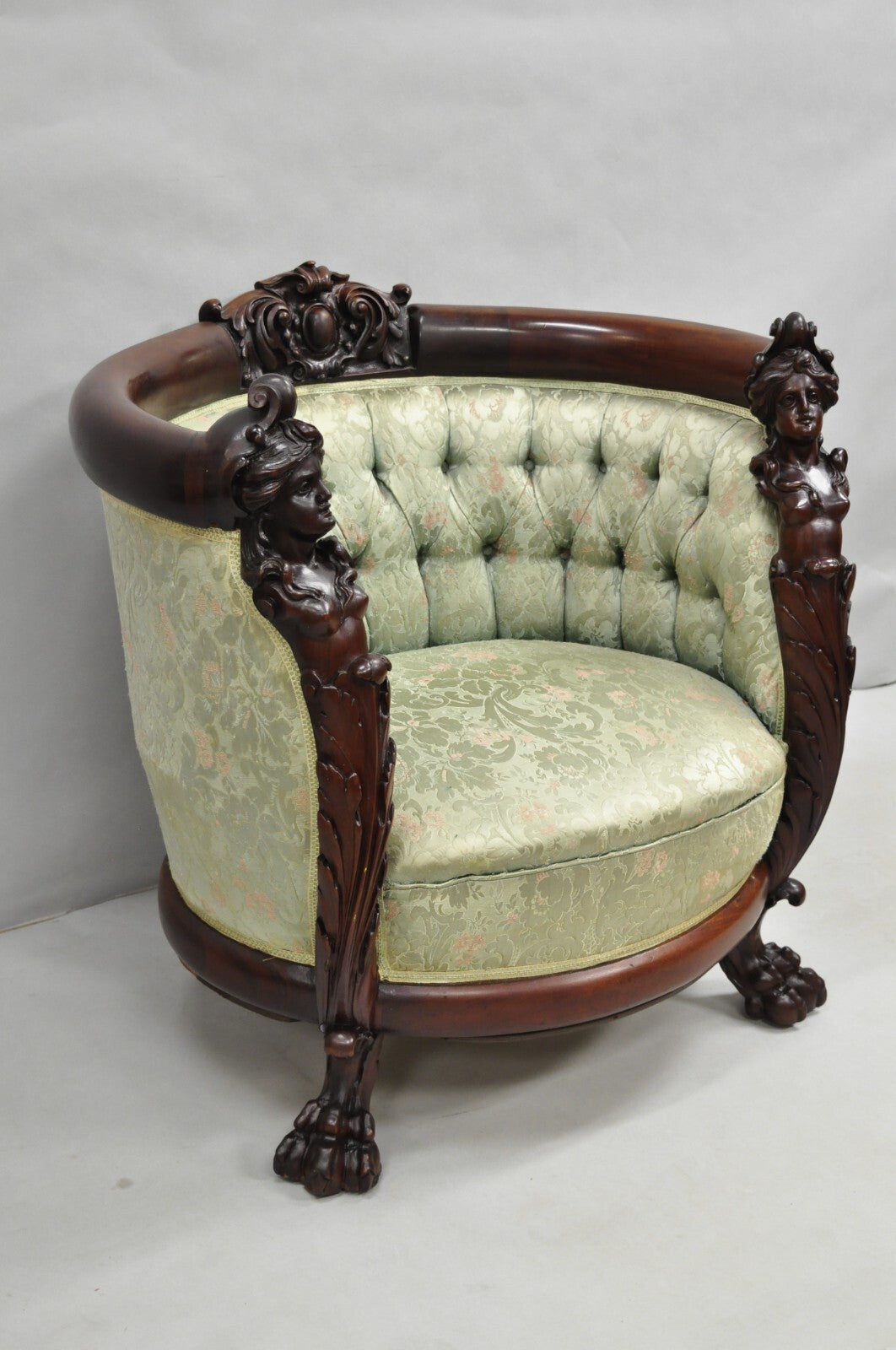 Antique Karpen Victorian Rococo Figural Maiden Carved Mahogany Parlor Club Chair