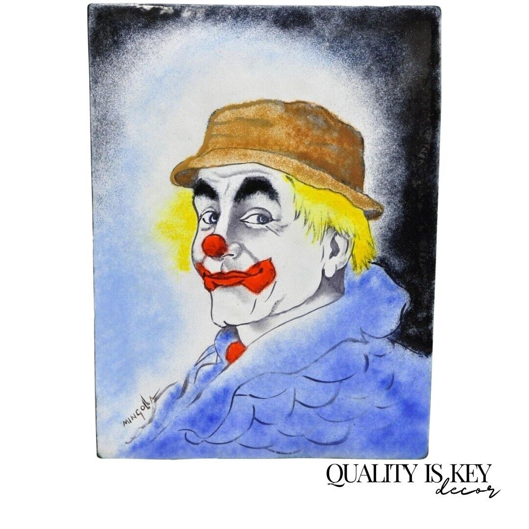 Dom Dominic Mingolla Enamel on Copper Painting Clown in Hat Portrait 12 x 9