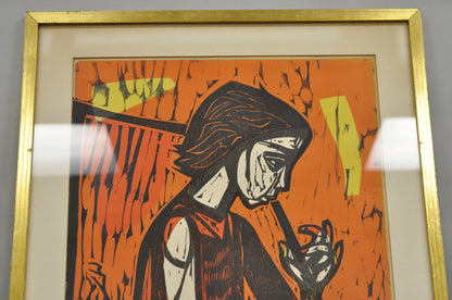 Vintage Irving Amen "Flute Player and Dog" Woodblock Print Judaica Art, Signed