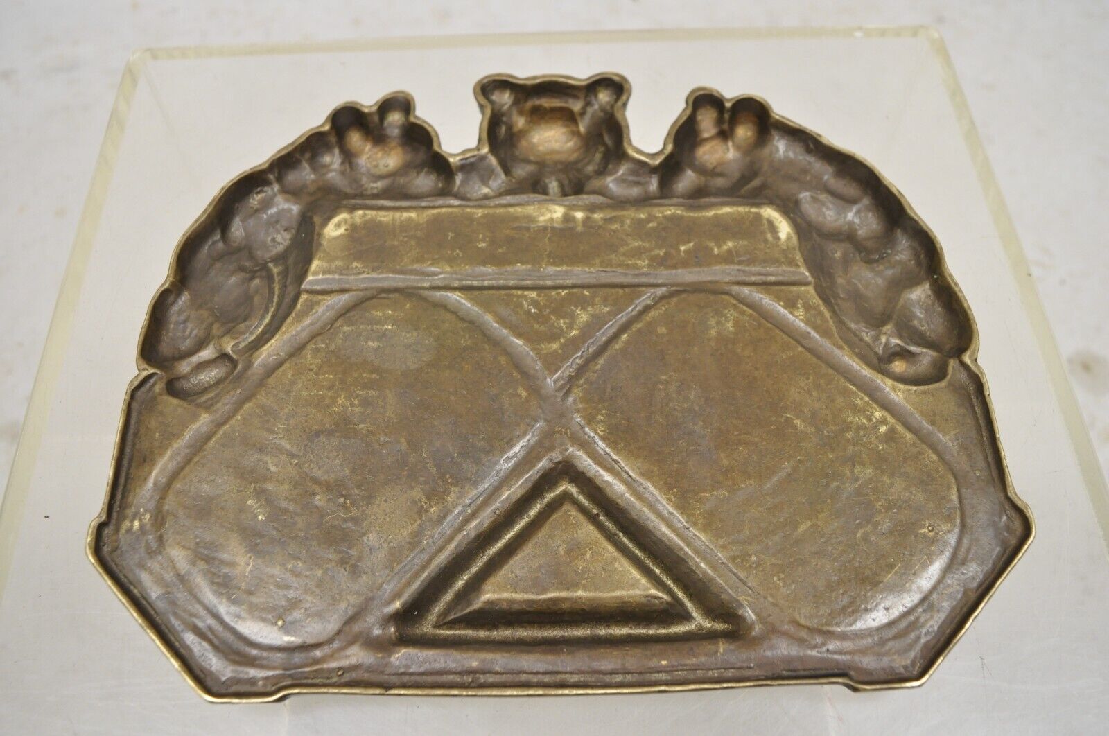 Antique Brass Bronze Black Forest Figural 3 Bears Desk Pen Tray Trinket Holder