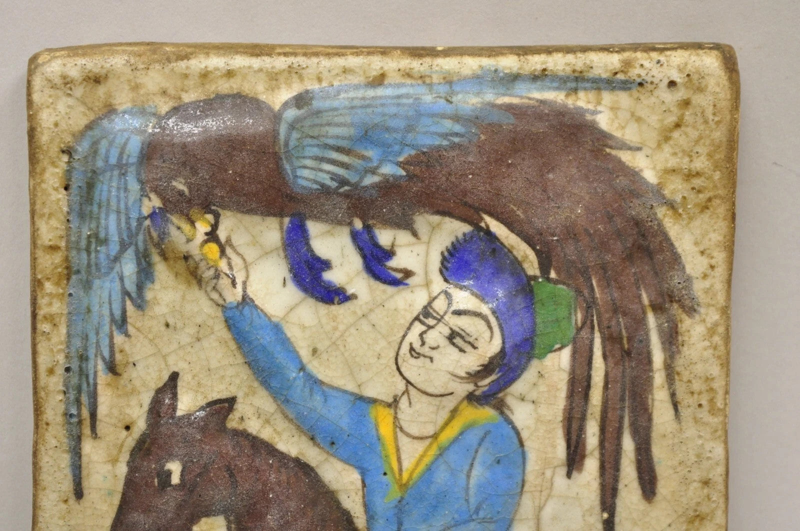 Antique Persian Iznik Qajar Style Ceramic Pottery Tile Brown Phoenix Bird C4