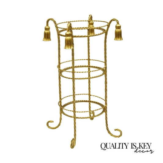 Vintage Italian Hollywood Regency 3 Tier Gold Iron Rope Tassel Stand Side Table