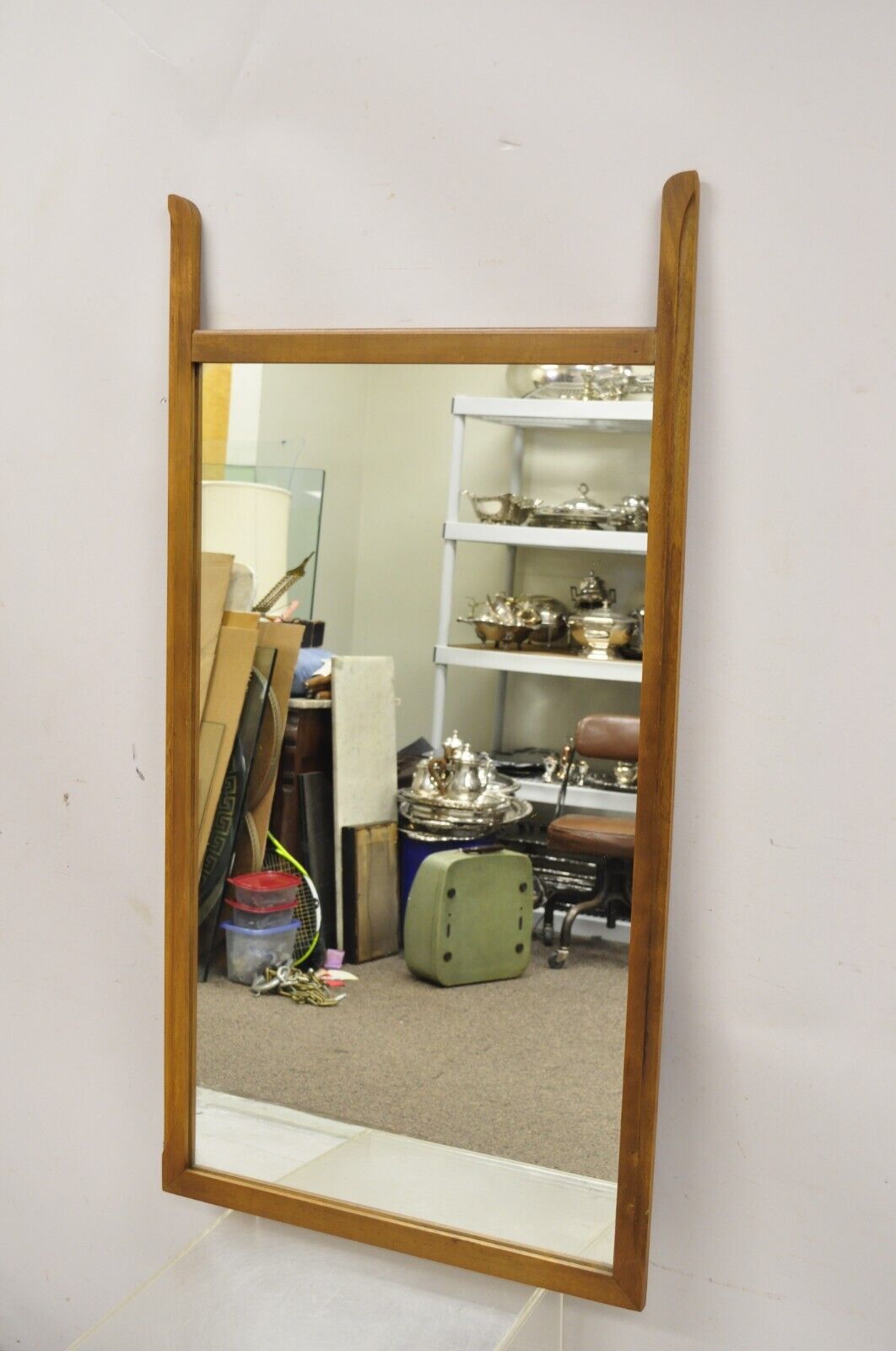 Vintage Mid Century Modern Sculpted Walnut Finial Modernist Wall Mirror