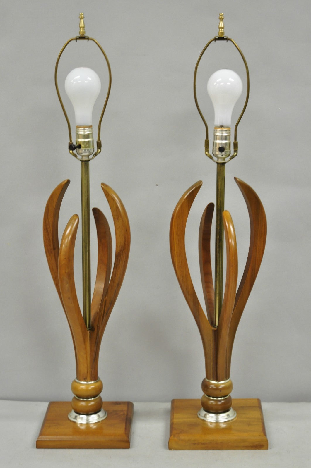 Vintage Mid Century Modern Sculptural Walnut Wood & Brass Table Lamps - a Pair
