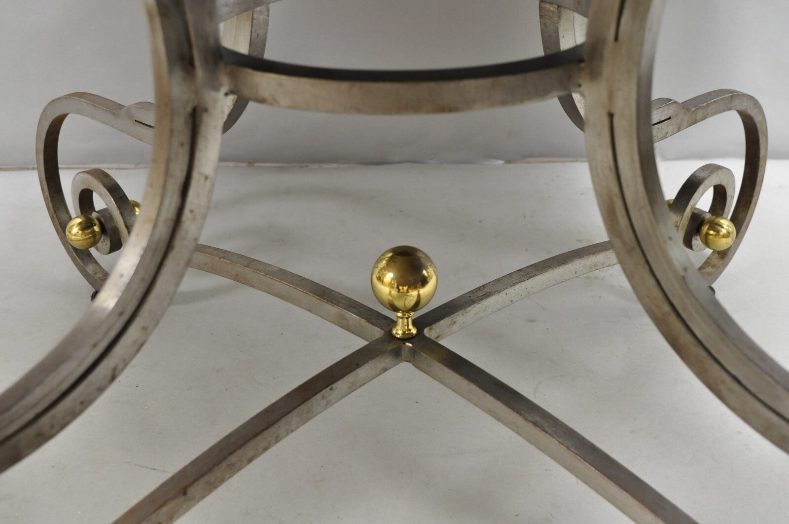 Vintage French Pastry Scrolling Steel and Bronze Neoclassical Round Dining Table