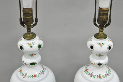 Antique Bohemian Czech Cut to Clear Glass Green and White Table Lamps - a Pair
