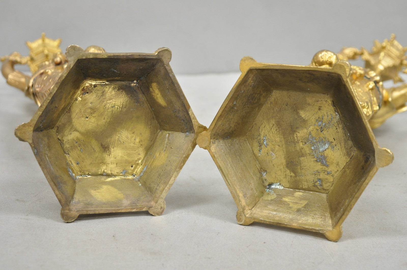 Antique Orientalist Gold Gilt Bronze Figural Male and Female Candlesticks - Pair