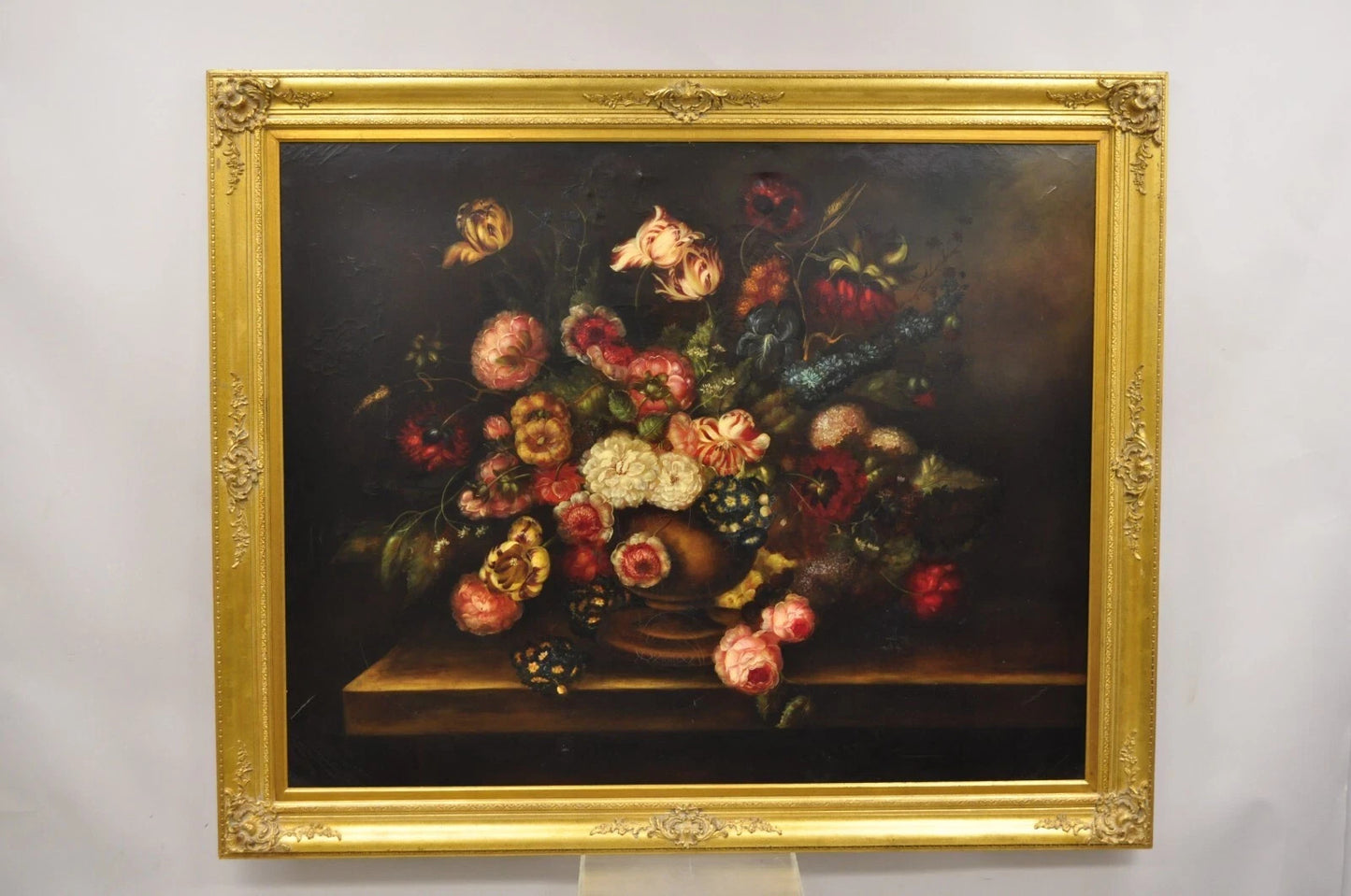 Large French 58 x 70 Gold Frame Still Life Oil Painting with Bouquet of Flowers