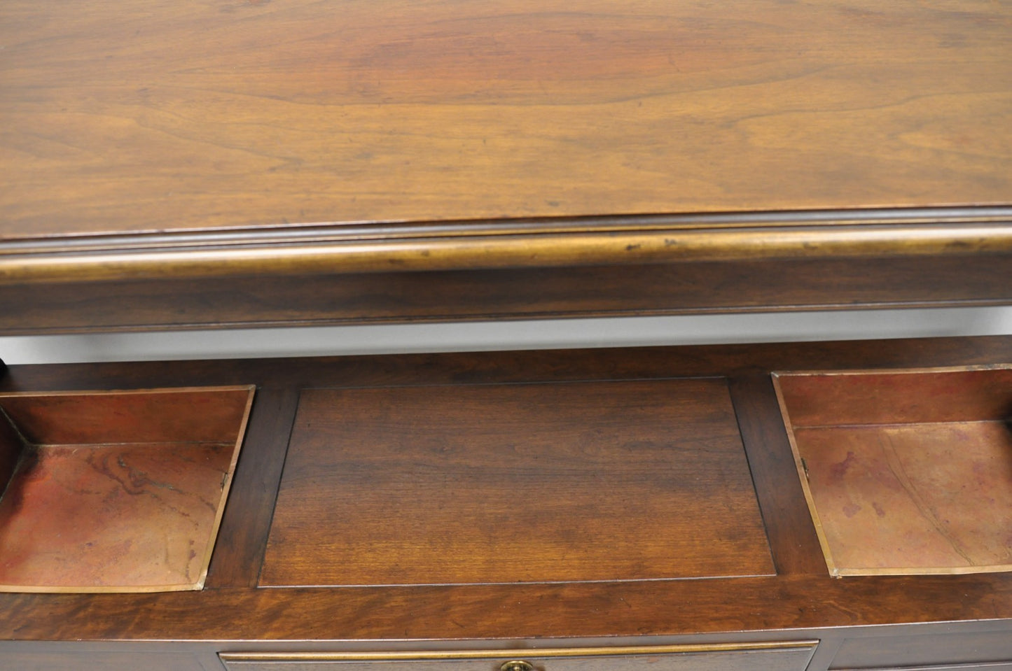 Vintage Baker Dark Cherry Wood Narrow French Console Hall Table w Copper Inserts