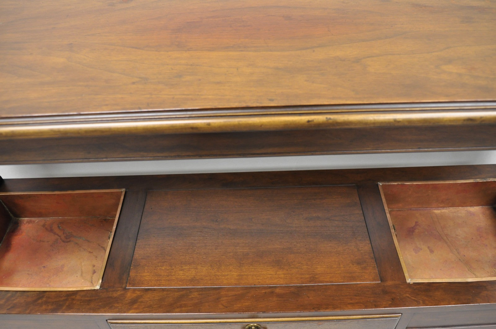 Vintage Baker Dark Cherry Wood Narrow French Console Hall Table w Copper Inserts