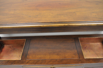 Vintage Baker Dark Cherry Wood Narrow French Console Hall Table w Copper Inserts