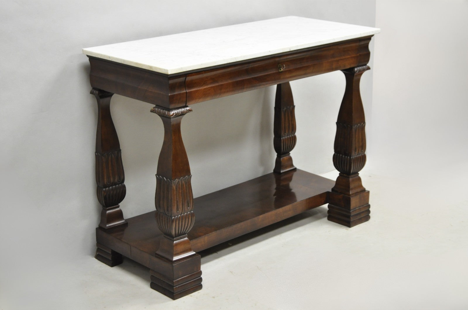 Antique French Empire Mahogany White Marble Top Console Hall Table w/ Drawer