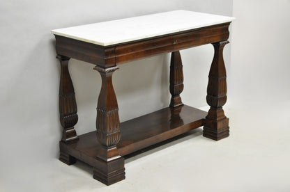 Antique French Empire Mahogany White Marble Top Console Hall Table w/ Drawer