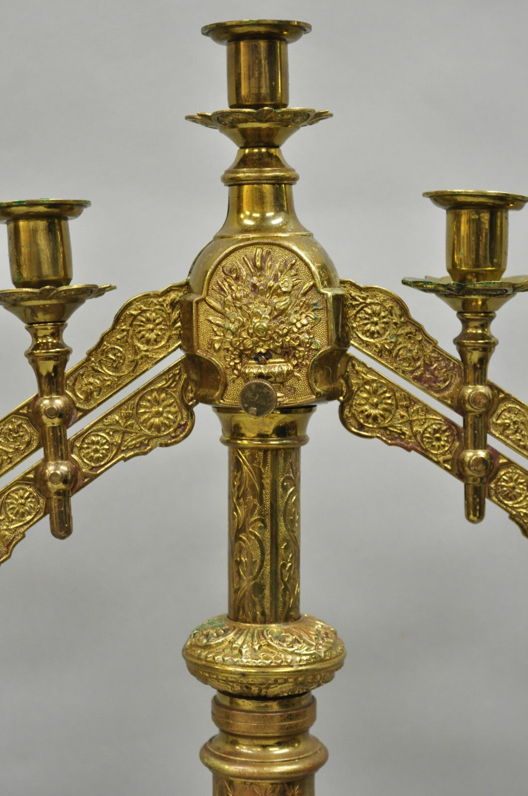 Antique French Renaissance Gothic Bronze 7 Arm Adjustable Candelabras - a Pair