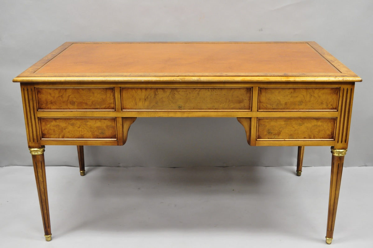 Vintage French Louis XVI Style Burl Walnut Tooled Leather Top Writing Desk