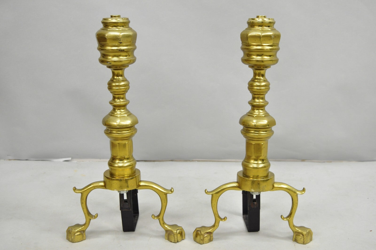 Vintage Federal Style Brass Branch Foot Gold Fireplace Andirons - a Pair