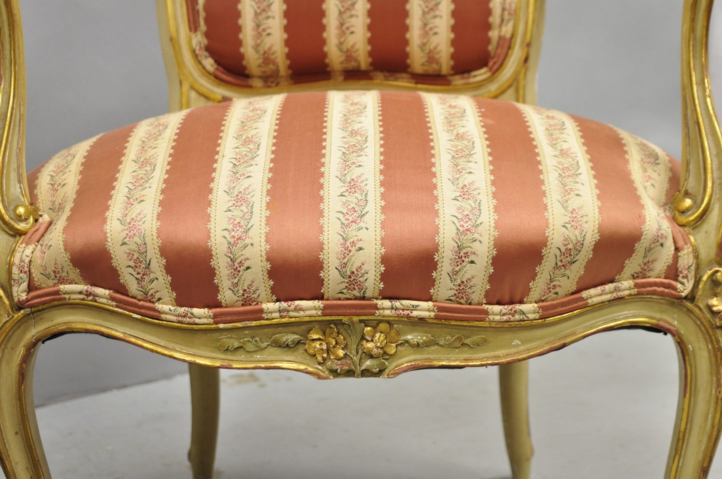Antique French Louis XV Style Gold Giltwood Pink Stripe Fauteuil Arm Chair, Pair