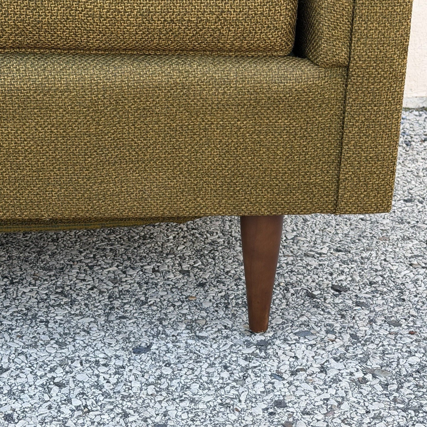 Vintage Mid Century Modern Greenish Brown Tufted 82" Sofa Couch w/ Walnut Legs