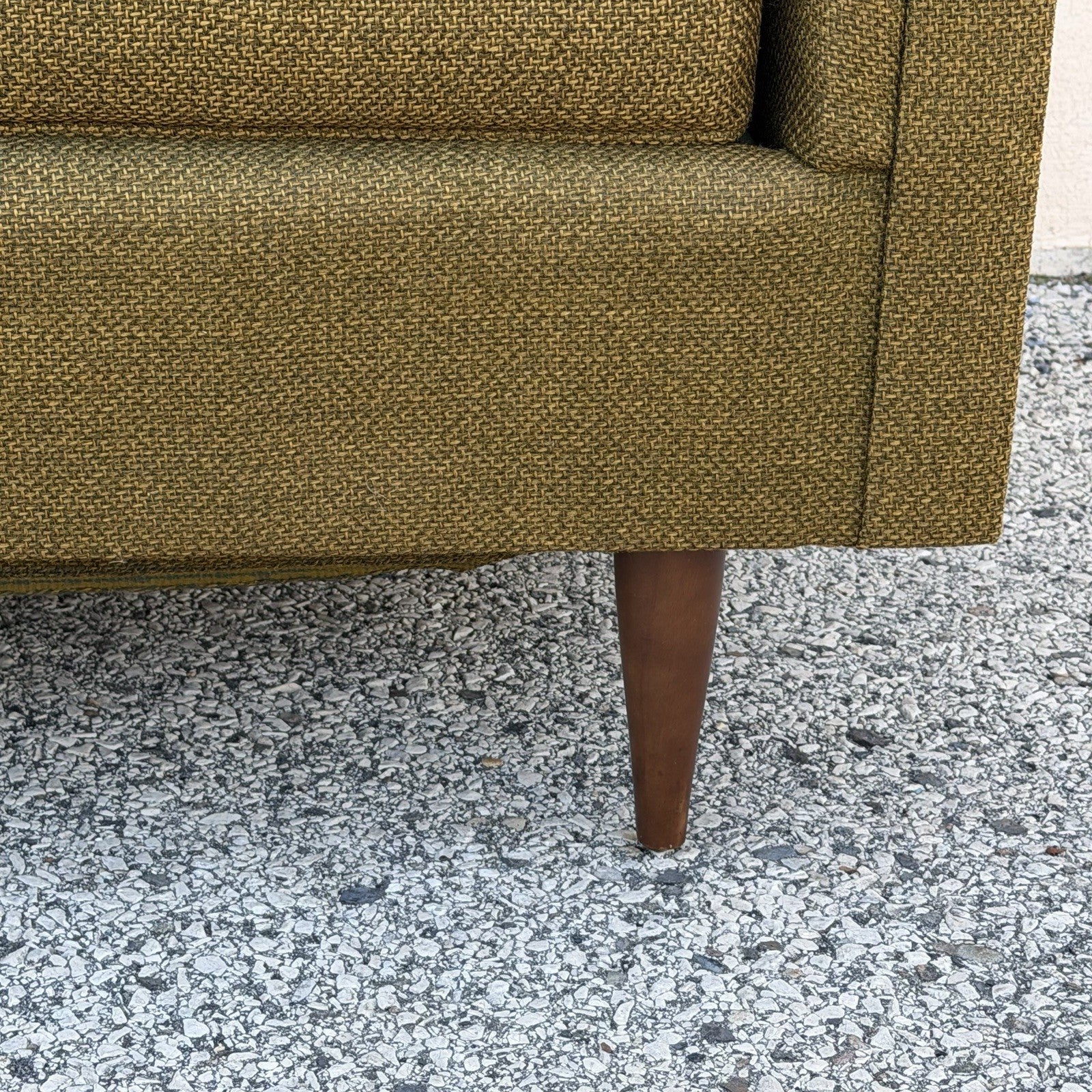 Vintage Mid Century Modern Greenish Brown Tufted 82" Sofa Couch w/ Walnut Legs