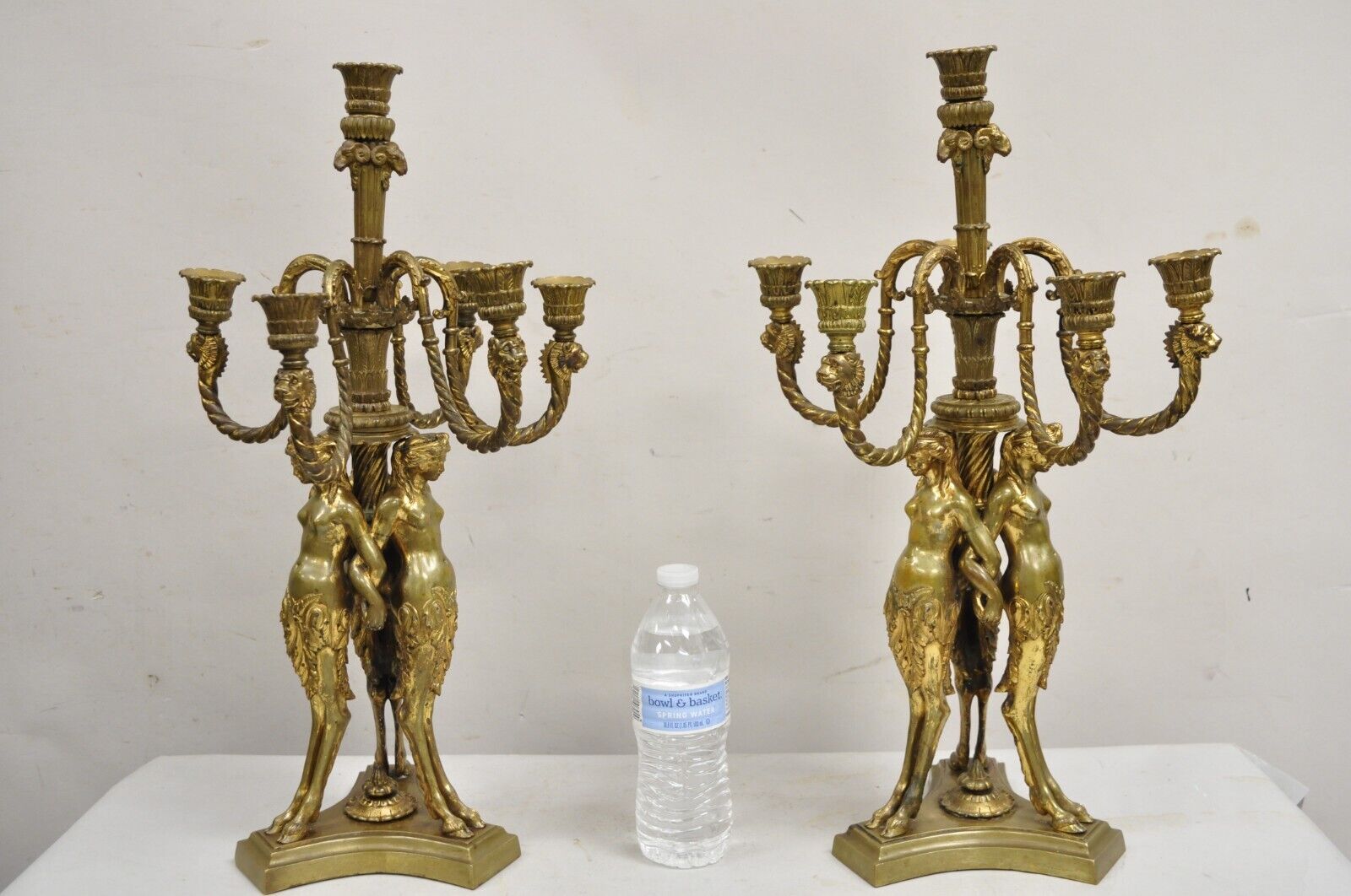 Antique French Neoclassical Bronze Figural Satyress Candelabras - a Pair