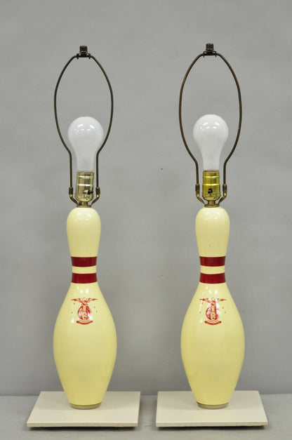 Vintage Mid Century Modern Bowling Pin Man Cave Game Room Table Lamps - a Pair