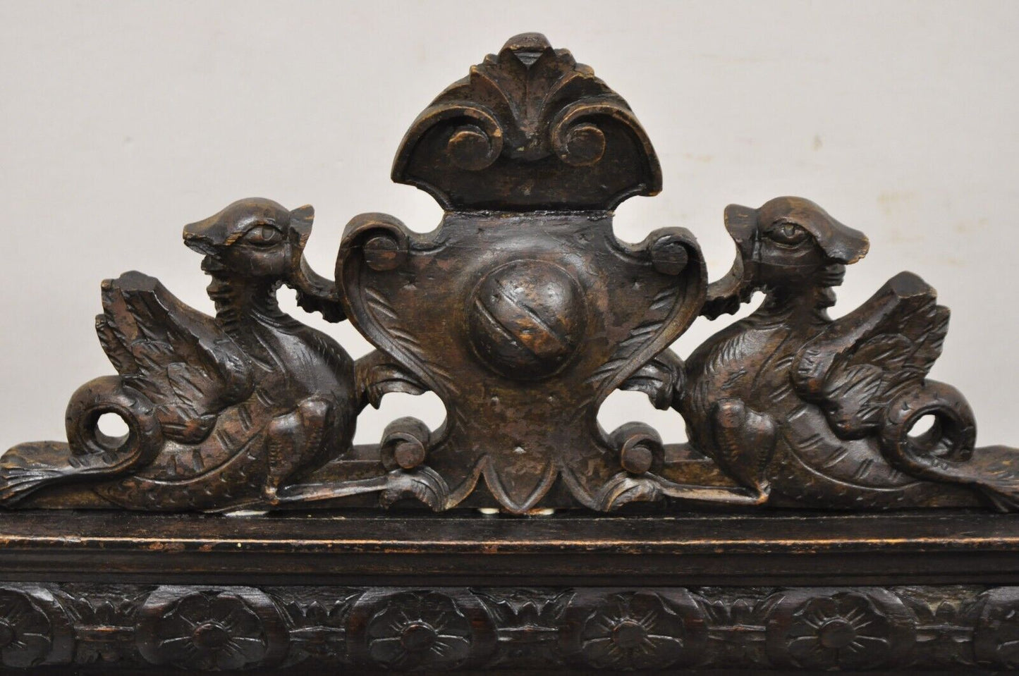 Antique Spanish Renaissance Carved Oak Wood Figural Leather Side Chairs - a Pair