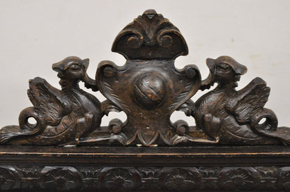 Antique Spanish Renaissance Carved Oak Wood Figural Leather Side Chairs - a Pair