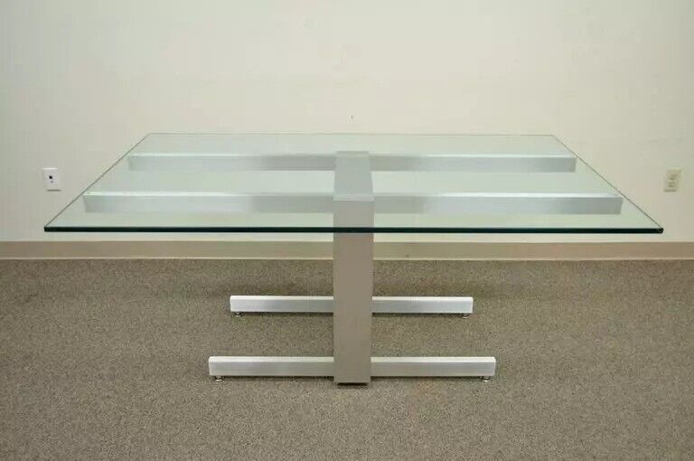 Vladimir Kagan Brushed Aluminum & Glass Cubist Extension Dining Conference Table