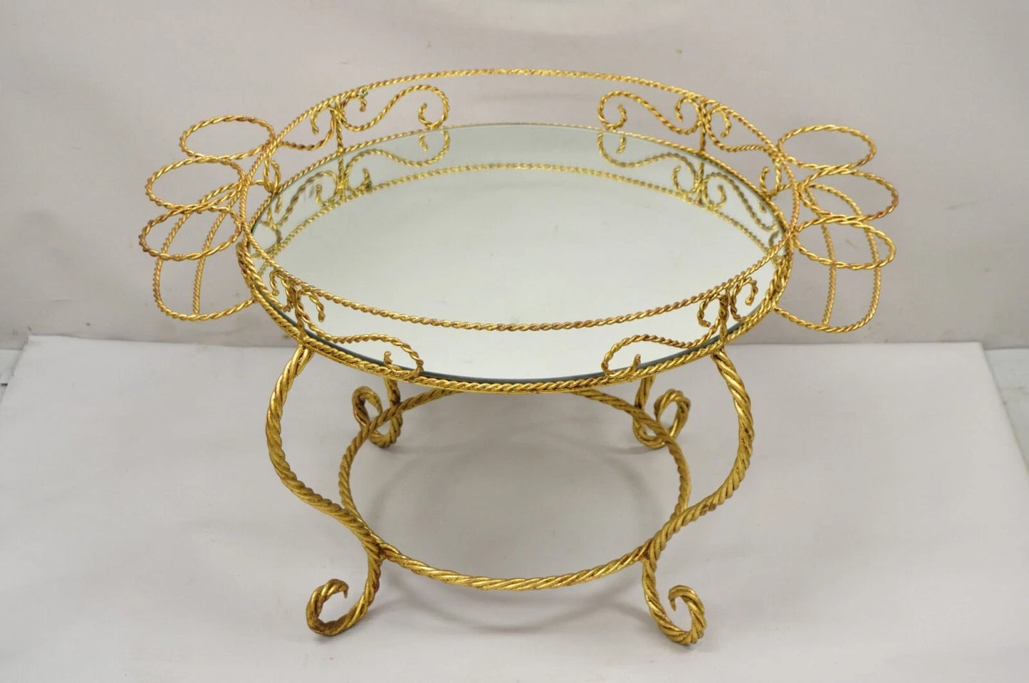 Vintage Italian Hollywood Regency Iron Gold Rope Round Mirror Top Coffee Table