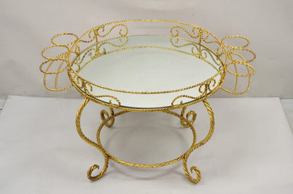 Vintage Italian Hollywood Regency Iron Gold Rope Round Mirror Top Coffee Table