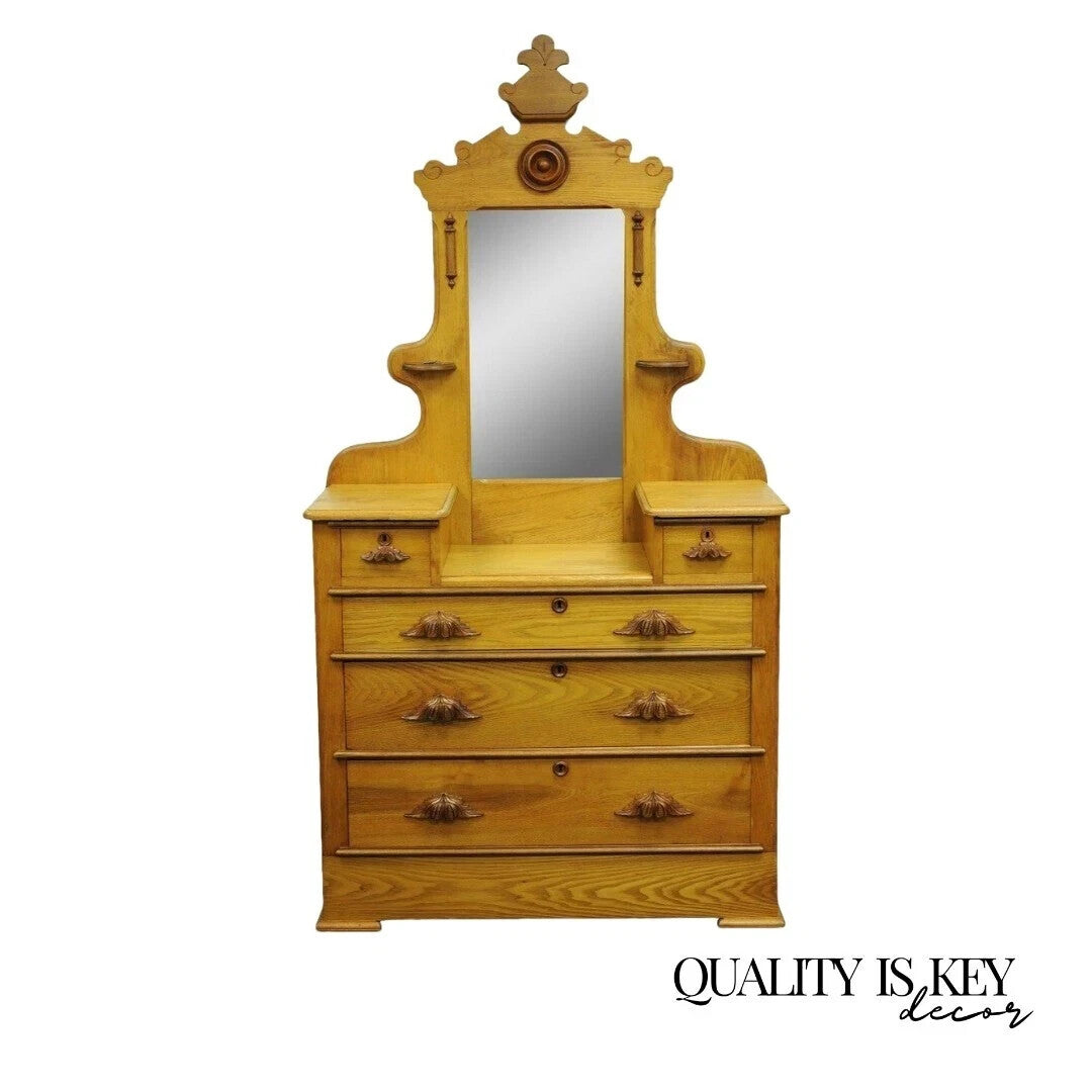 Antique Eastlake Victorian Carved Chestnut Step Down Cottage Dresser w/ Mirror