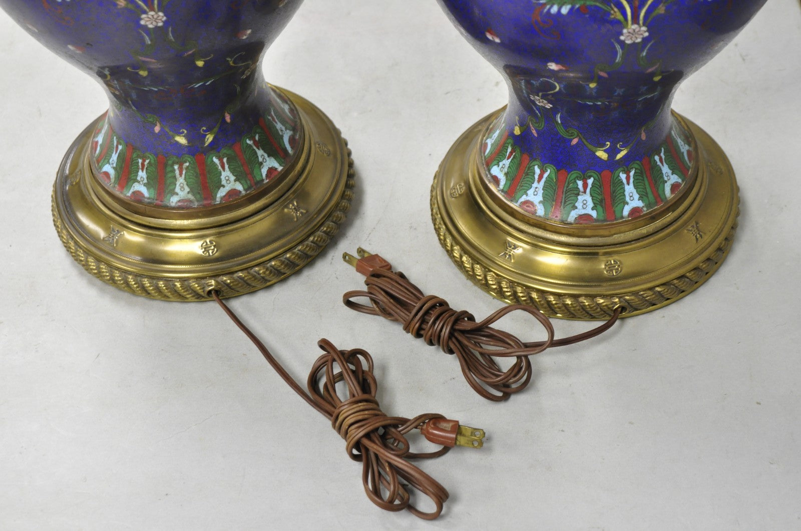 Vintage Chinoiserie Blue Enamel Chinese Brass Jardinierie Table Lamps - a Pair