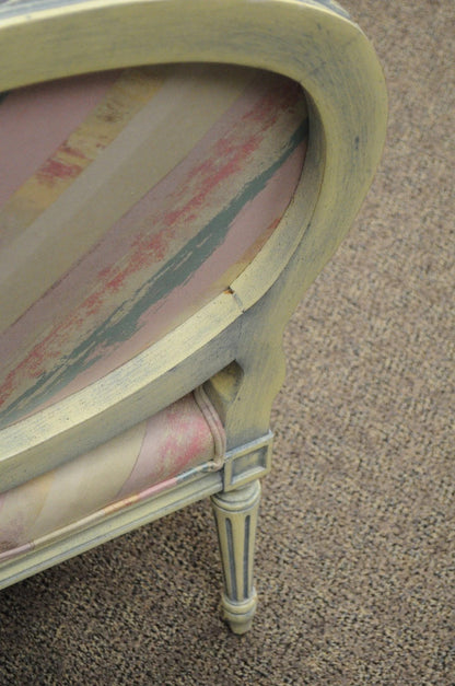 Vintage French Louis XVI Pink Blue Carved Bergere Boudoir Lounge Arm Chair