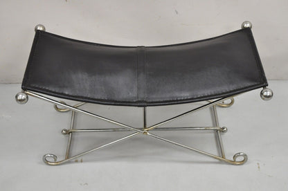 Modern Regency Style Folding Iron Metal Bench w/ Black Saddle Leather Seat