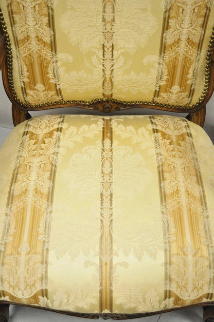 Vintage French Country Louis XV Style Carved Walnut Lounge Arm Chairs - a Pair