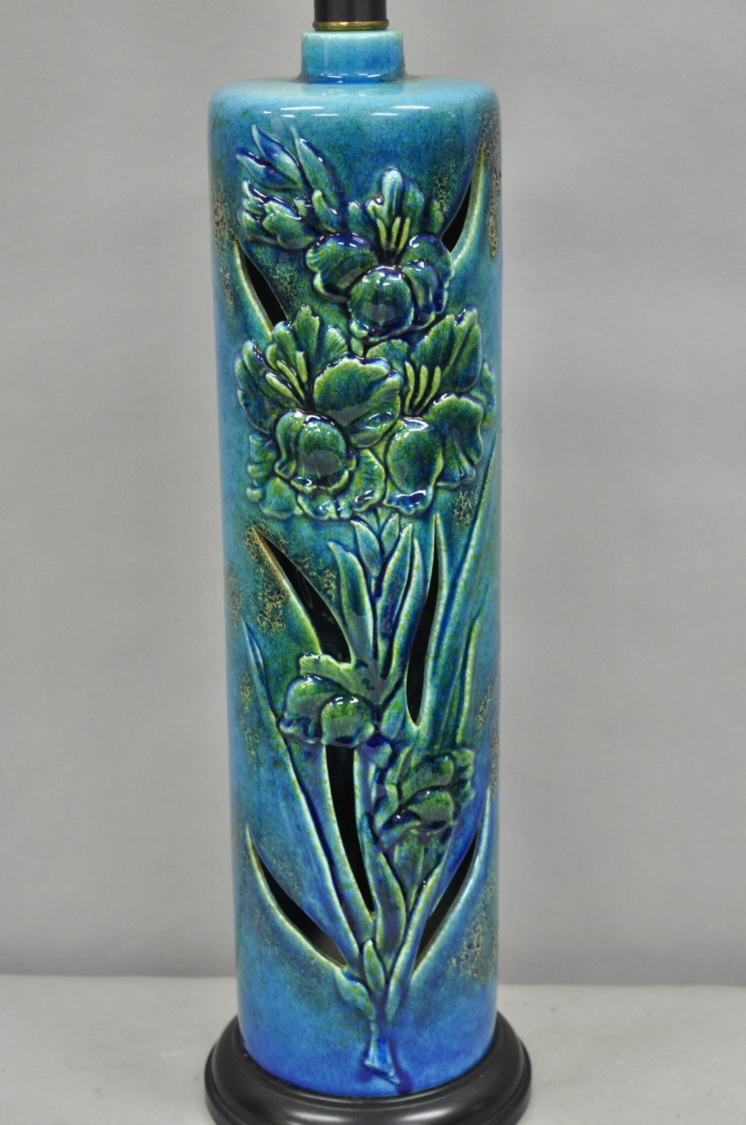Vintage MCM Tall Royal Haeger Attr Blue Glazed Ceramic Pottery Floral Table Lamp