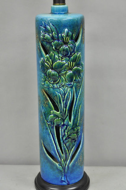 Vintage MCM Tall Royal Haeger Attr Blue Glazed Ceramic Pottery Floral Table Lamp