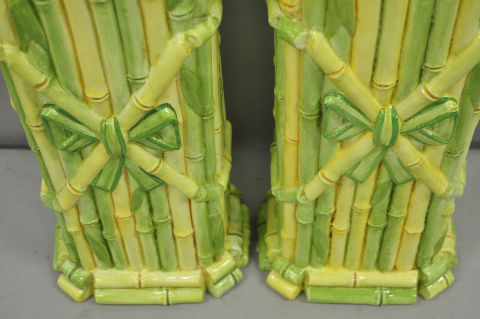Vintage Hollywood Regency Green & Yellow Ceramic Faux Bamboo Table Lamps - Pair