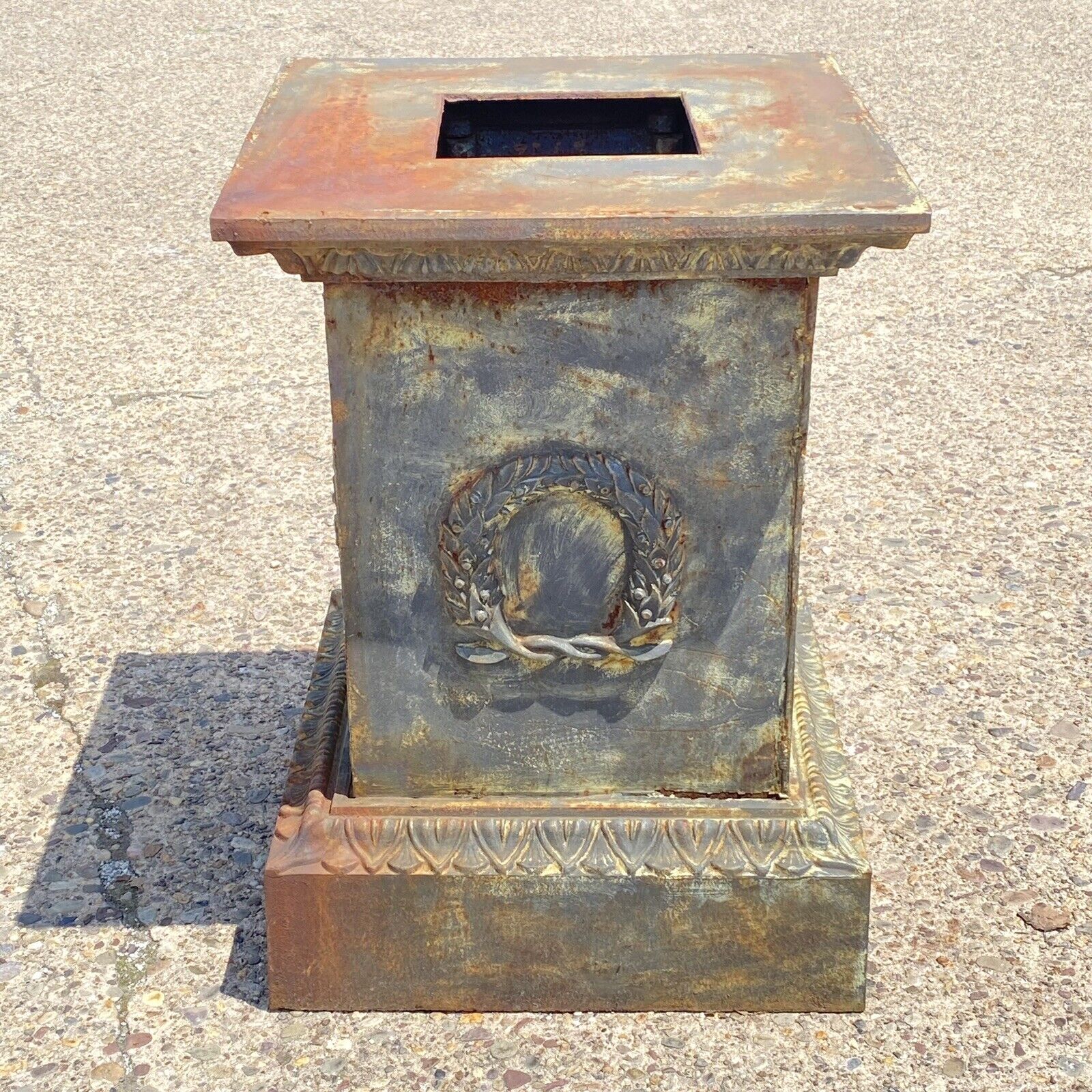 Large Neoclassical Style Cast Iron Garden Planter Urn Pedestal Base w/ Wreath A