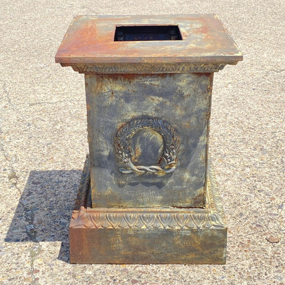 Large Neoclassical Style Cast Iron Garden Planter Urn Pedestal Base w/ Wreath A