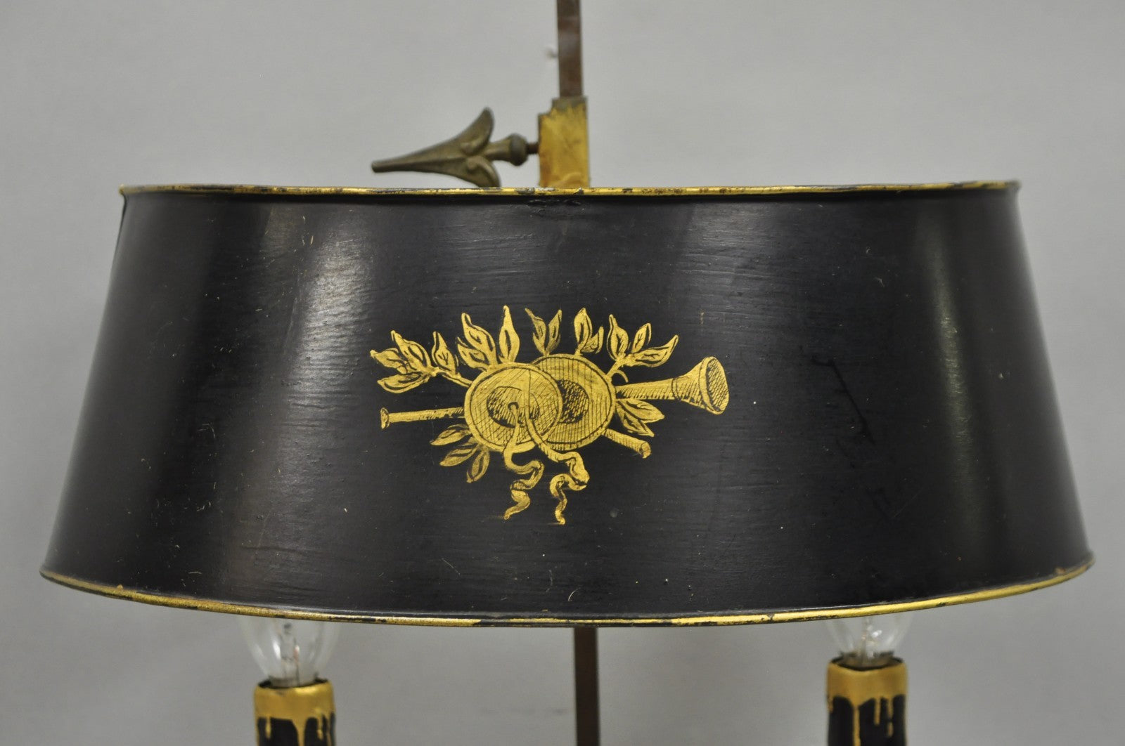 Antique French Empire Black & Gold Tole Metal Urn Bouillotte Table Lamp w Shade