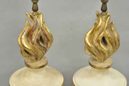 Vintage Italian Hollywood Regency Carved Wood "Burning Flame" Table Lamps - Pair