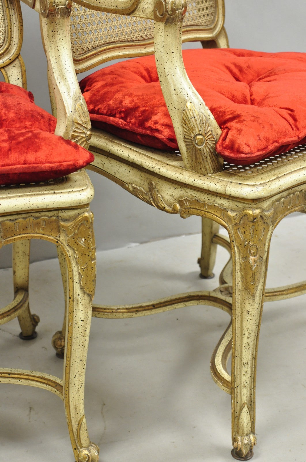 Vintage French Louis XV Style Cream Painted Carved Wood Cane Arm Chairs - a Pair