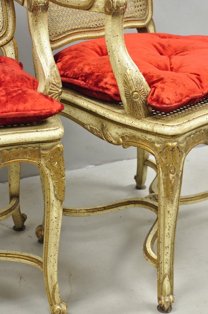Vintage French Louis XV Style Cream Painted Carved Wood Cane Arm Chairs - a Pair
