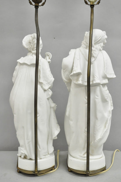 Victorian White Parian Porcelain Figural Bisque Man and Woman Table Lamps, Pair