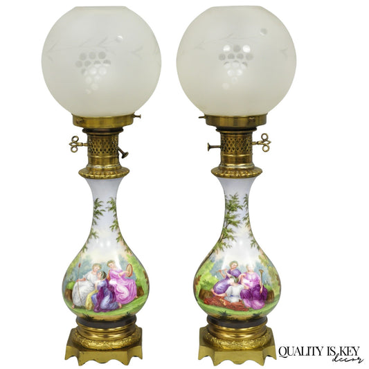 Antique French Napolean III Hand Painted Porcelain Oil Lamp Table Lamps - a Pair