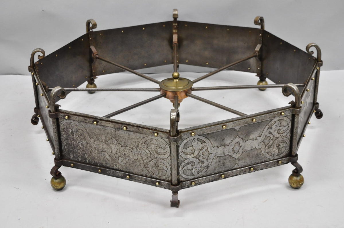 Antique Gothic Spanish Renaissance Steel Brass Octagonal Glass Top Coffee Table
