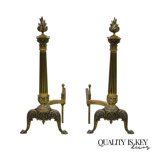 Antique French Empire Style Bronze Column Flame Finial Fireplace Andirons - Pair
